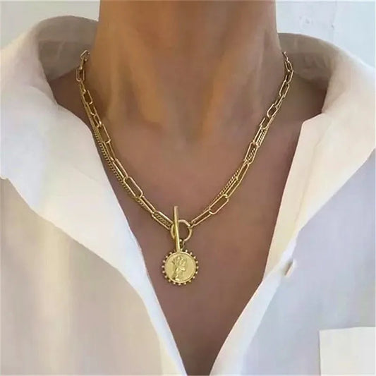 Vintage Carved Coin Gold Color Necklace For Women  Medal Pendant Necklace Double Layer Choker Fashion Jewelry