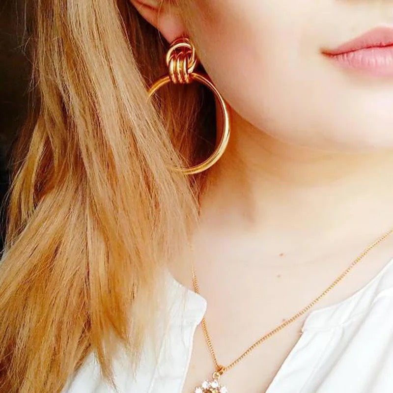 Simple Trendy Gold Color Big Round Earring Fashion Hollow Out Punk Metal Drop Earrings For Women