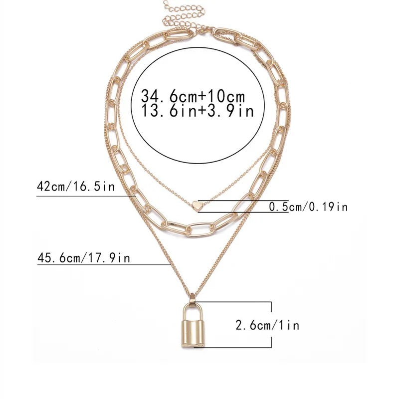 Multilayer Chain Lock Pendant Necklace for Women Fashion Golden Color Heart Chokers Necklaces Vintage Collar Jewelry