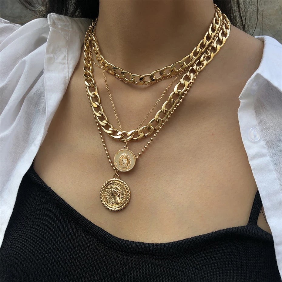 Fashion Thick and Thin Chain Multi-layer Necklace for Women Men Punk Figure Circular Pendant Necklace