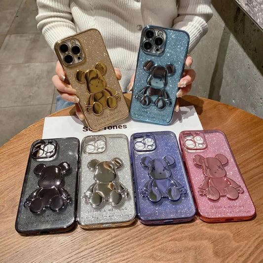 Bling Glitter Plated 3D Bear Soft Silicone TPU Case For iPhones