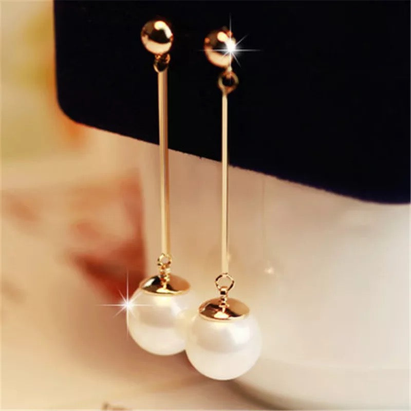 White Pearl Long Dangle Earrings for Women Simple Tassel Round Imitation Pearl Ear Jewelry