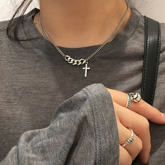 Long Chain Necklace Punk Cross Pendant Necklace for Women
