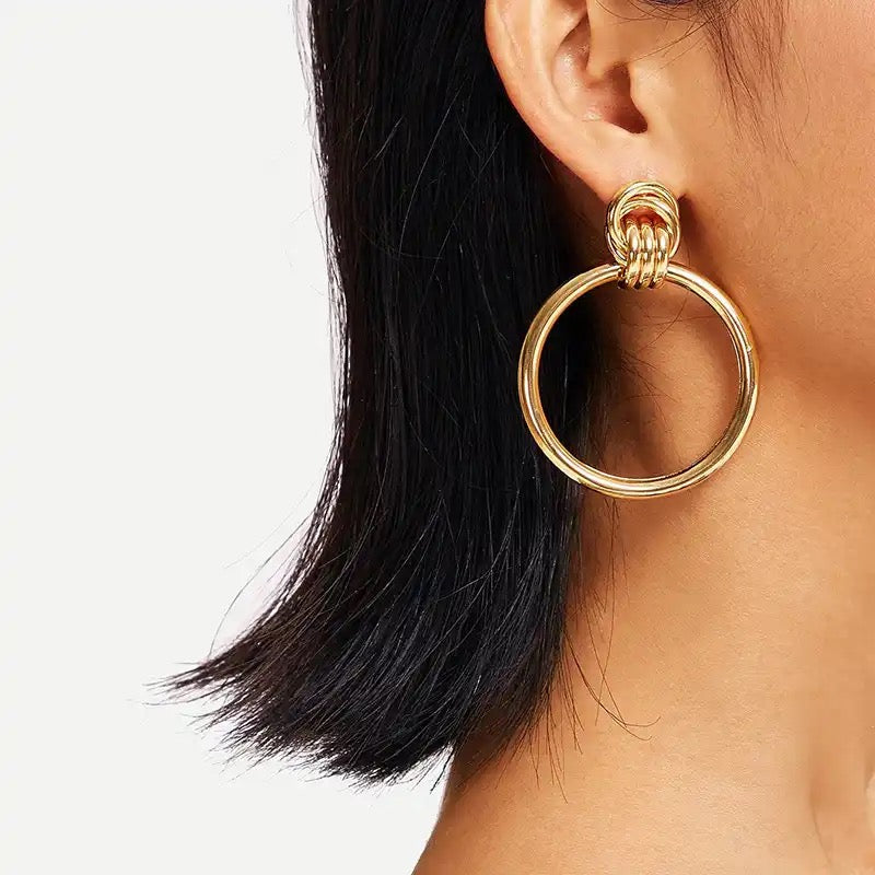 Simple Trendy Gold Color Big Round Earring Fashion Hollow Out Punk Metal Drop Earrings For Women