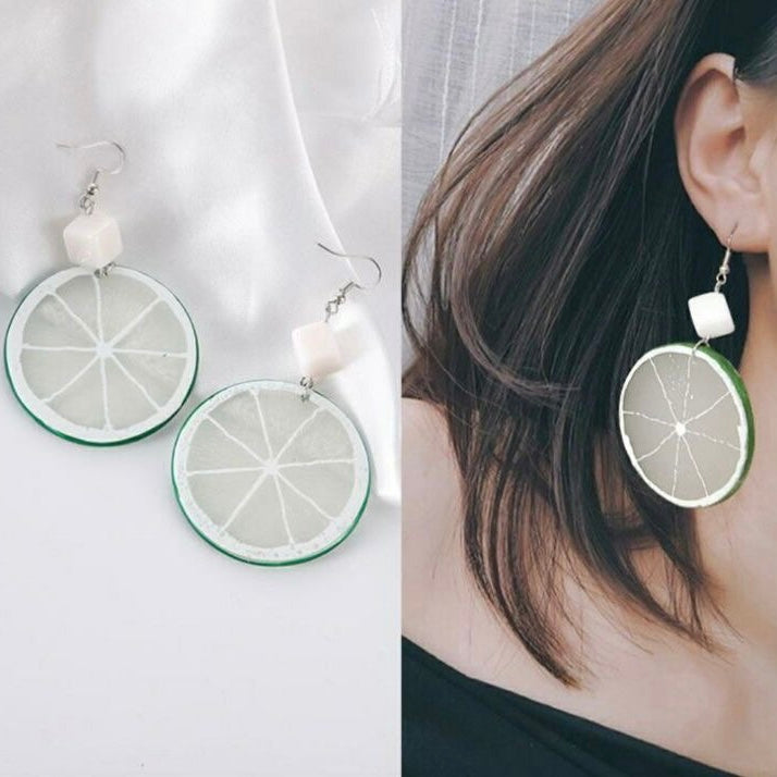 Women's Green Lemon Slice fruit Lovely Drop Earrings