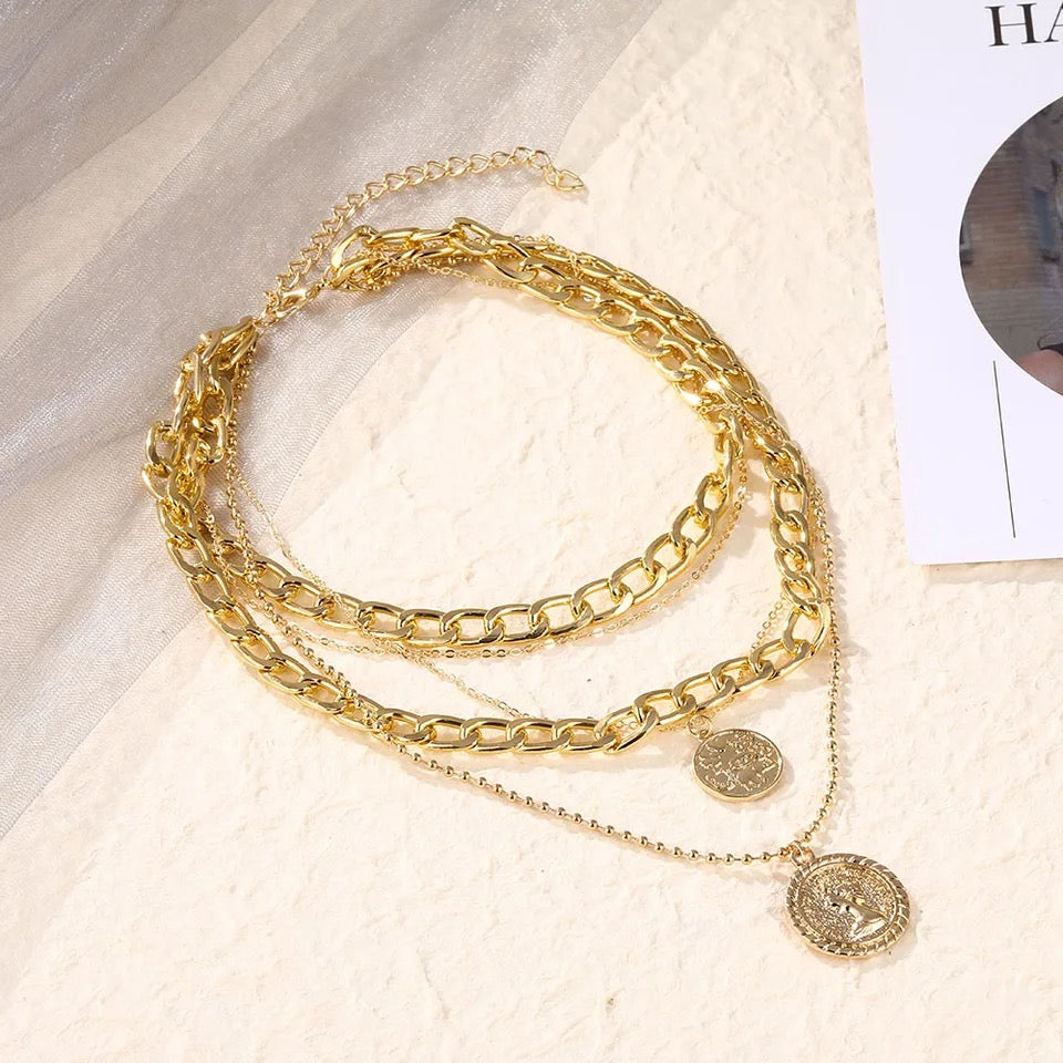 Fashion Thick and Thin Chain Multi-layer Necklace for Women Men Punk Figure Circular Pendant Necklace
