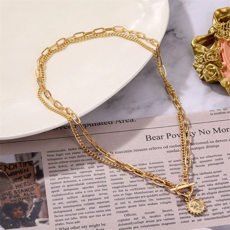 Vintage Carved Coin Gold Color Necklace For Women  Medal Pendant Necklace Double Layer Choker Fashion Jewelry