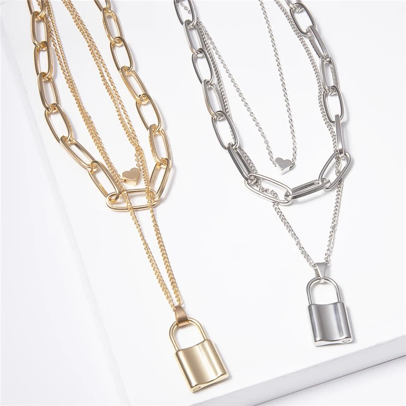 Multilayer Chain Lock Pendant Necklace for Women Fashion Golden Color Heart Chokers Necklaces Vintage Collar Jewelry