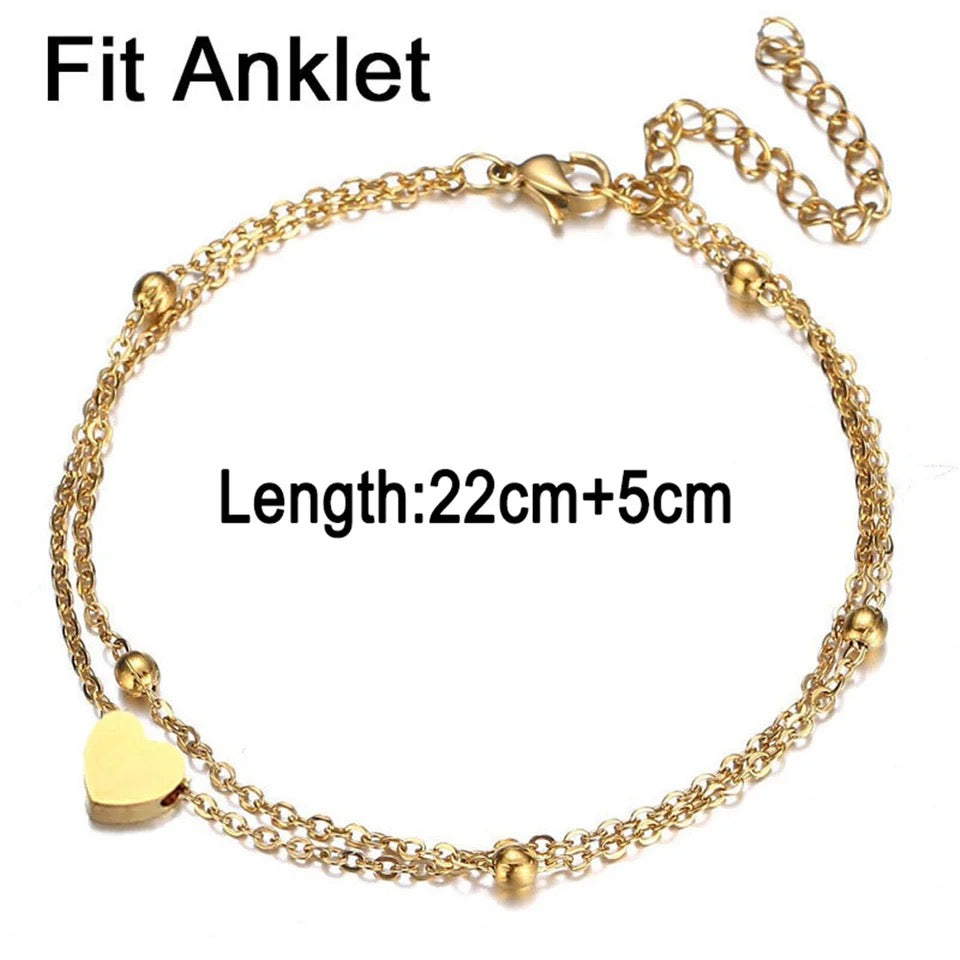 Double Layers Heart Charm Anklet Female Gold Color Stainless Steel Bead Chain Leg Foot Ankle Bracelet For Women