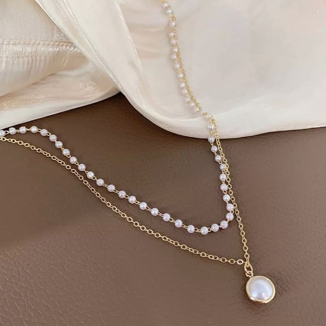 Vintage Simple Double Layer Pearl Necklace Women Fashion Lock Bone Chain Necklace