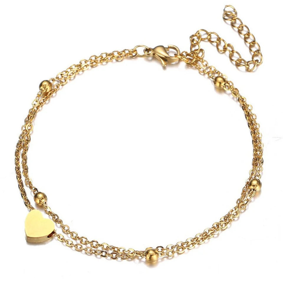 Double Layers Heart Charm Anklet Female Gold Color Stainless Steel Bead Chain Leg Foot Ankle Bracelet For Women